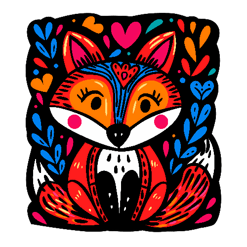 Colorful Fox Illustration with Hearts and Flowers