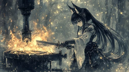 Fox Girl Smithing a Sword