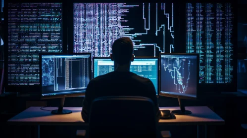 Dark Room: A Captivating Image of a Man Working in Front of Computer Screens