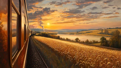 Sunset Train Through Golden Fields