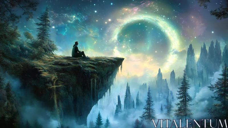 Man on Cliff Edge Staring at Galaxy