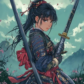 Female Anime Warrior in Armor with Swords
