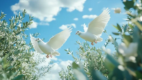 White Doves Soaring in Blue Skies