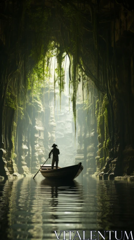 Exploring Mystical Terrains: A Lone Man in a Boat AI Image