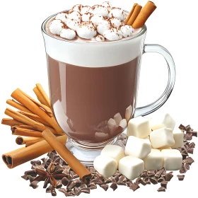 Warm Hot Chocolate with Marshmallows and Cinnamon Sticks