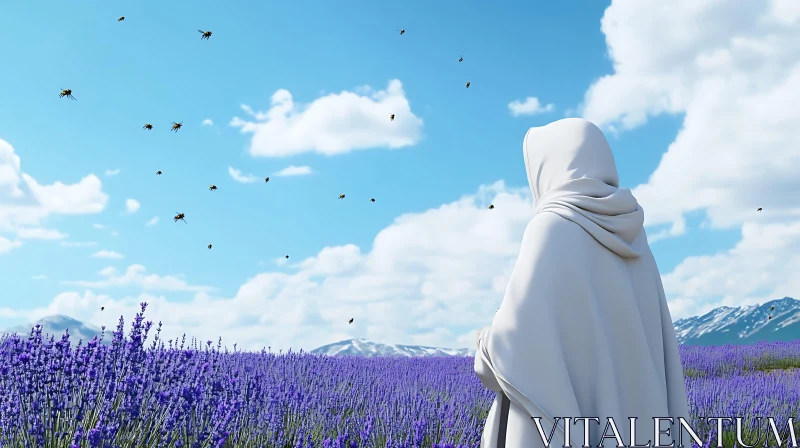 Cloaked Figure in Lavender Field