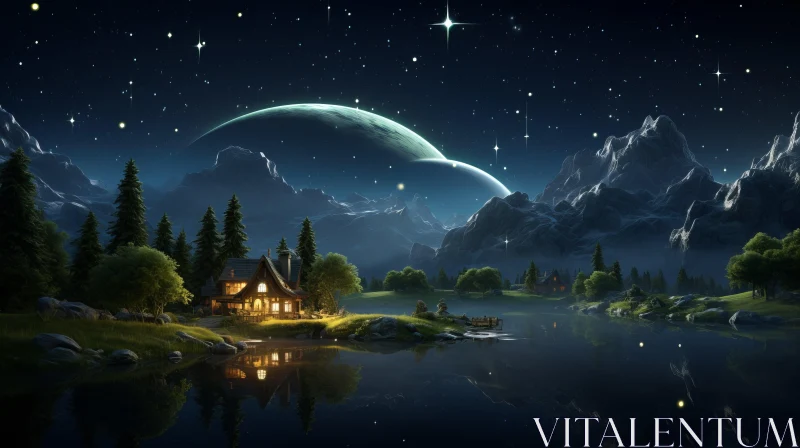 Fantasy Mountain House by the Lake under Starry Night Sky AI Image