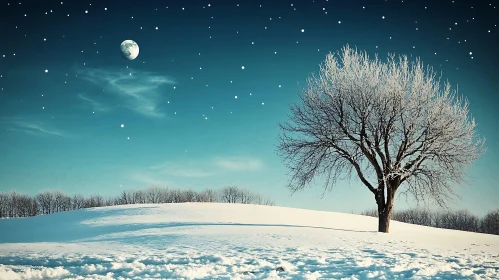Frosted Tree Under Moonlight Winter Landscape