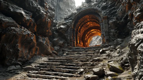 Mysterious Cave with Glowing Doorway and Strange Carvings