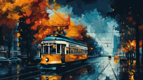 Orange Trolley Painting in Warm Color Palette with Retro Style