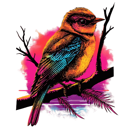 Retro-Inspired Digital Illustration of Bird Perched on Branch