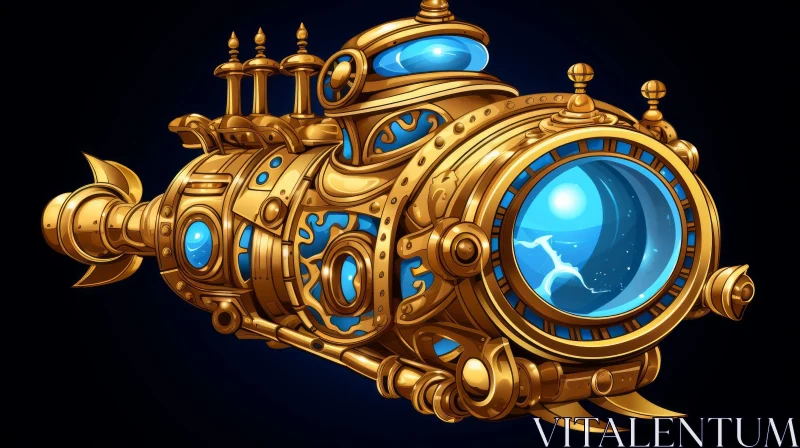 Steampunk Vessel with Blue Lights - Golden Age Illustration AI Image