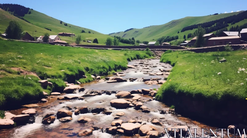 Tranquil Stream Through Grassy Hills | Monumental Style | Villagecore AI Image