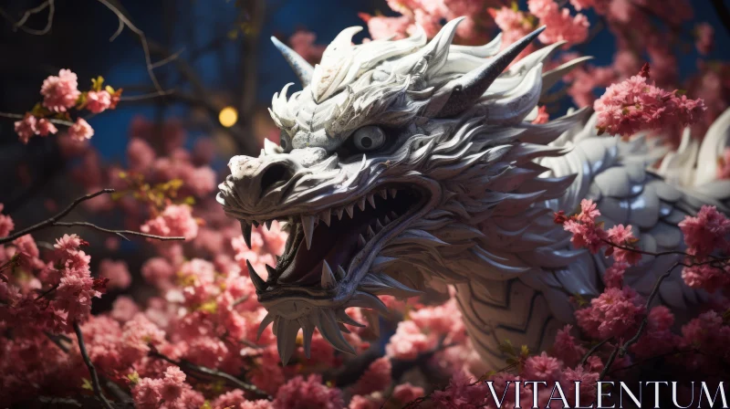 White Dragon Amidst Cherry Blossoms - Unreal Engine Illustration AI Image