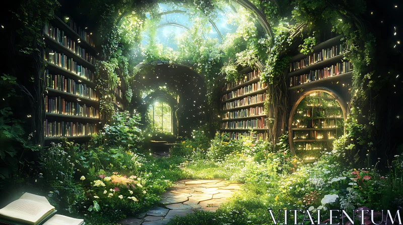 Overgrown Library with Glowing Books AI Image