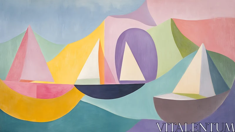 AI ART Geometric Sailboats Pastel Hues Abstract Scene
