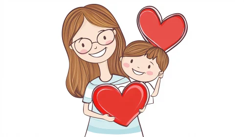 Cartoon Art of Mother and Son with Hearts