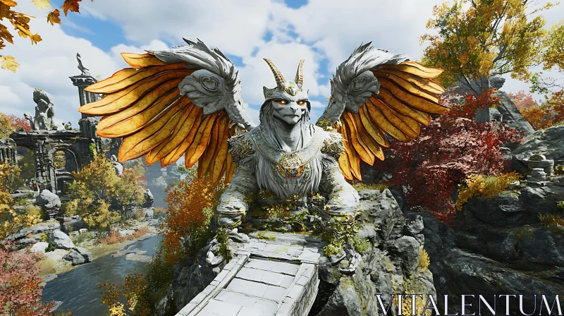 AI ART Winged Dragon Statue in Autumnal Setting