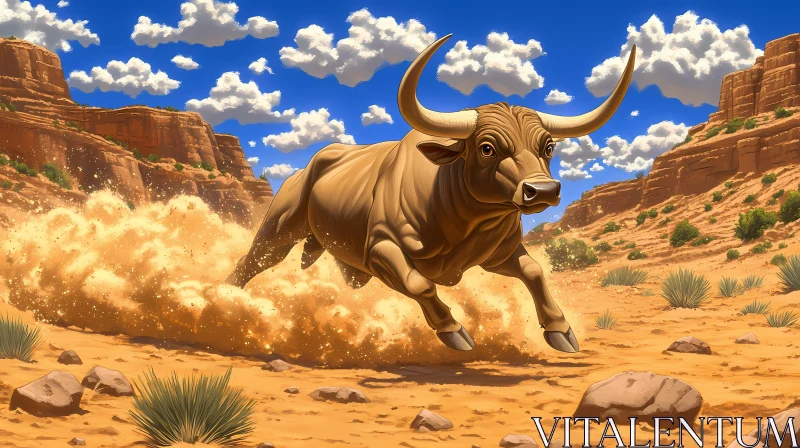 Charging Bull in Arid Terrain AI Image