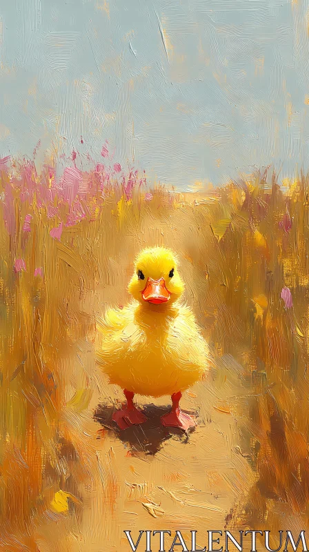 Charming Duckling in Wildflower Path AI Image