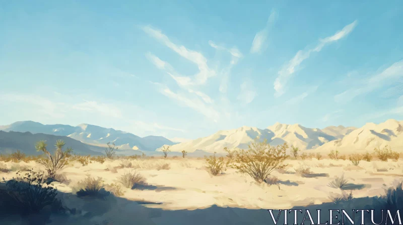 AI ART Desert Scene with Mountains and Blue Sky