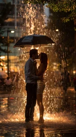 Couple Kissing Under Umbrella in Golden Rain