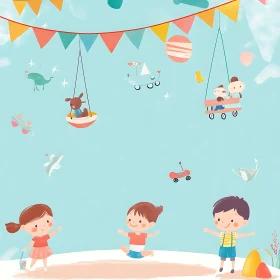 Cartoon Kids Playing Under Festive Sky