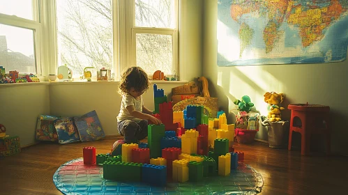 Sunlit Room: Child's Playtime with Blocks