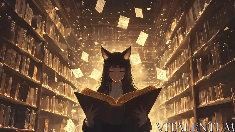 Cat-Eared Reader in Book Sanctuary AI Image