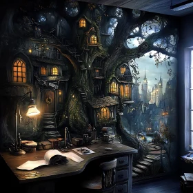 Whimsical Treehouse Village and Cityscape