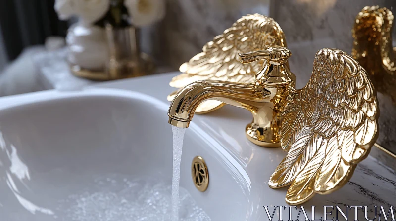 Elegant Bathroom with Gold Angel Wing Faucet AI Image