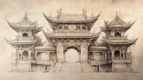 Detailed Asian Building Sketch Art