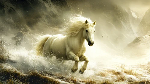 White Horse Running in Winter Landscape