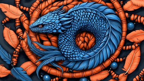 Fantasy Dragon Coiled in Feathers