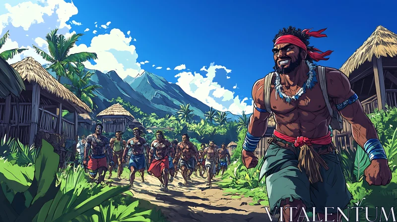 Men's Journey in Tropical Village AI Image