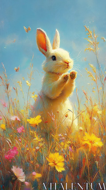 AI ART Sunny Meadow Rabbit and Flowers