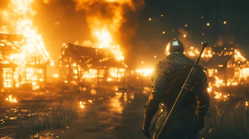 Medieval Warrior in Burning Village