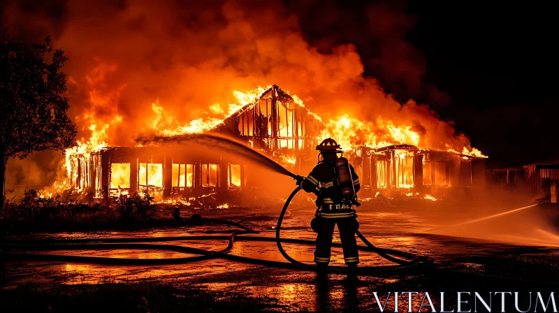 Battling the Inferno: Firefighter in Action at Night AI Image