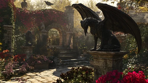 Stone Gargoyle in Overgrown Garden