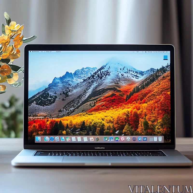 Laptop Displaying Scenic Autumn Mountain Desktop AI Image