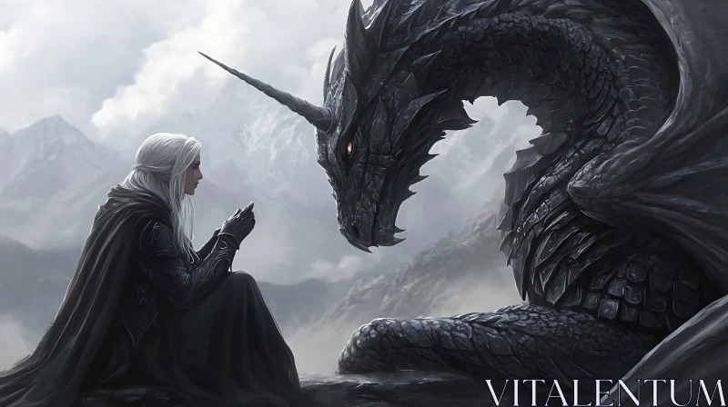 AI ART Dragon and Woman in Misty Mountains