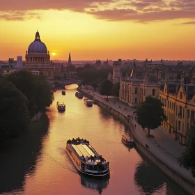 Cityscape at Sunset with River and Boats