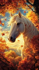 White Horse in Autumn Leaves