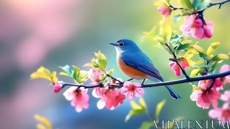 Bluebird Among Pink Blossoms AI Image