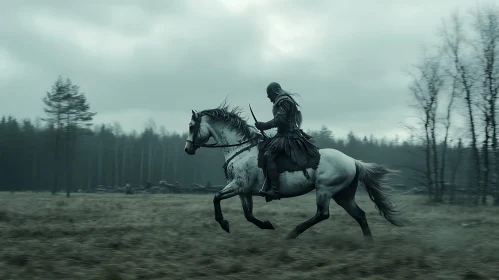 Equestrian Warrior in a Misty Landscape