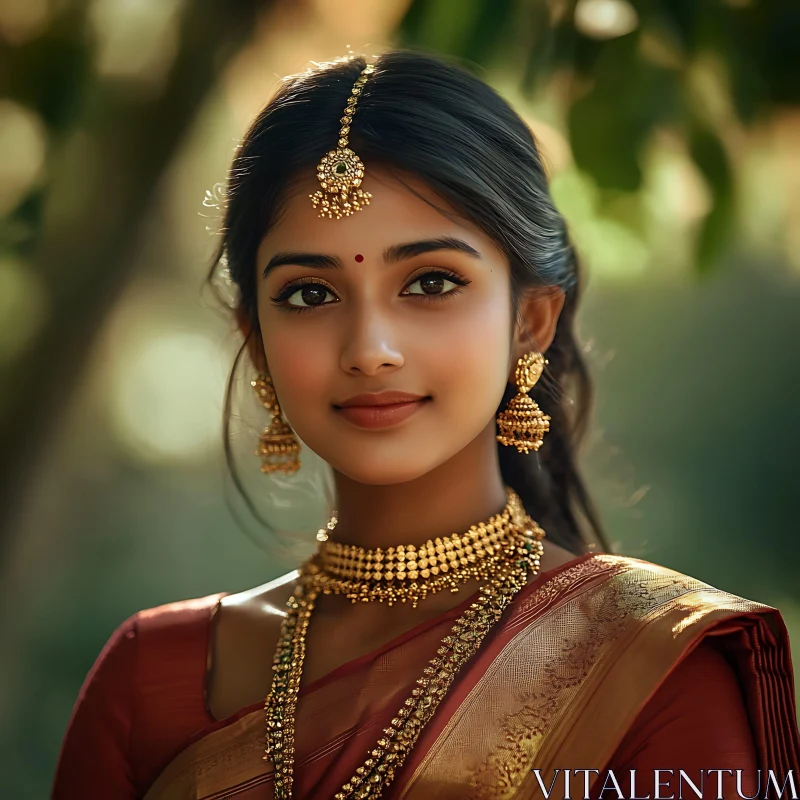 Serene Portrait of Woman with Gold Adornments AI Image