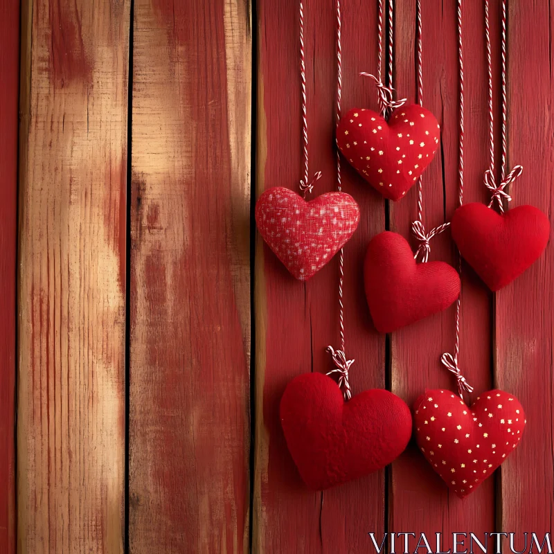 Red Hearts Decoration on Wooden Wall AI Image