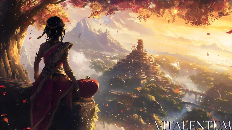 AI ART Woman Gazing at Mountain Pagoda