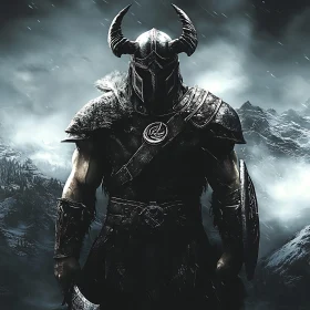 Armored Warrior in Misty Landscape