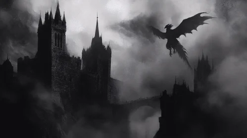 Monochromatic Dragon and Castle Scene